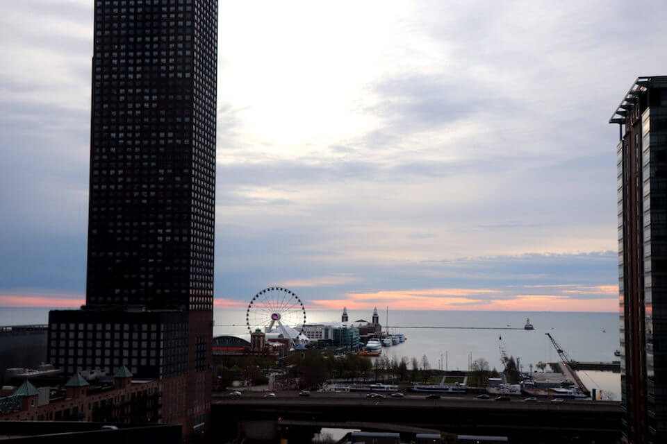 The view out over Navy Pier from our upper floor suite at Loews
