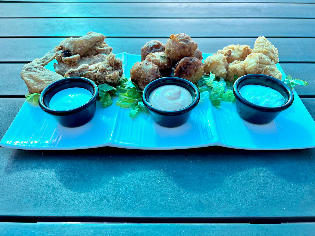 Appetizer Sampler at Frigates - wings, conch fritters and fish bites