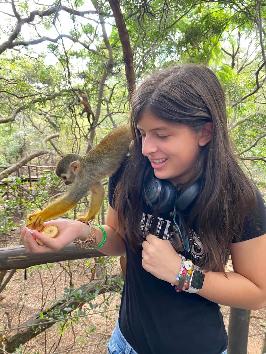 Payton feeding the monkeys at The Monkey Sanctuary, Hartbeespoort Dam
